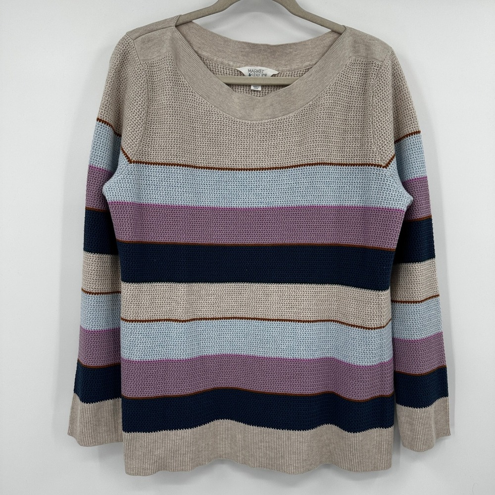 Market & Spruce Striped Knit Sweater XL Beige Blue Purple Cotton Relaxed‎ Fit